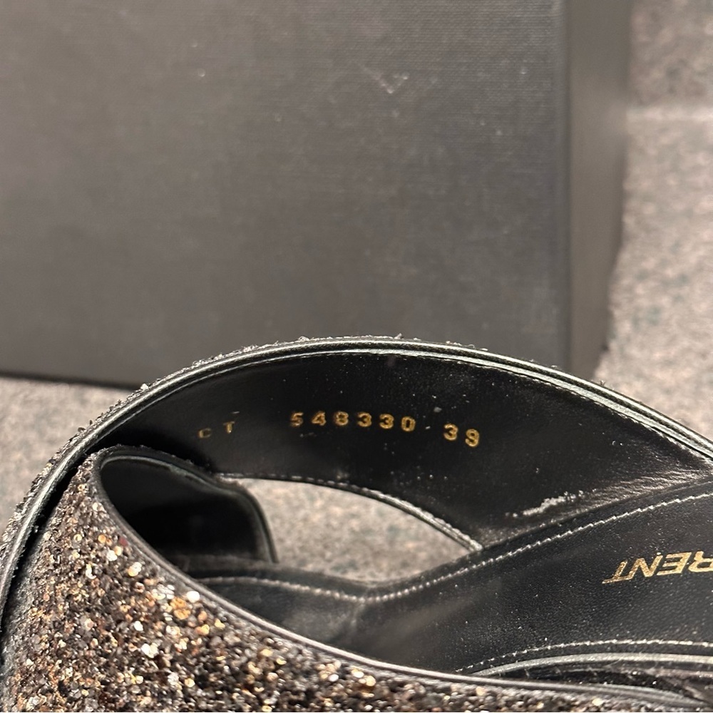 Saint Laurent Black and Gold Glitter Crisscross Block Heel Mules - Picture 13 of 13